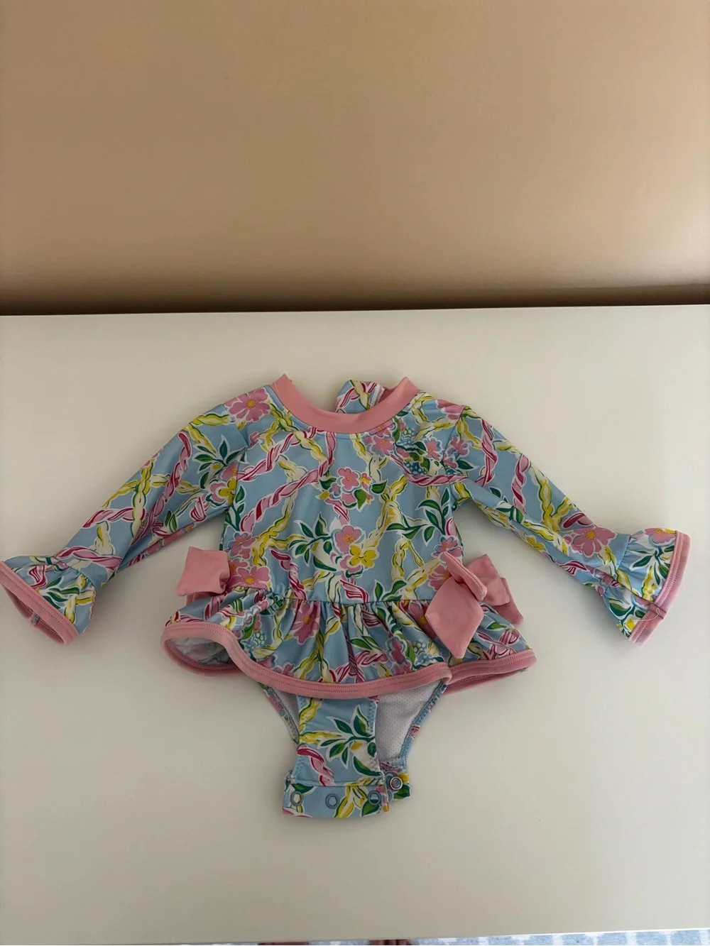 Smocked Flamingo Swimsuit - Pink & Light Blue Floral - 6M